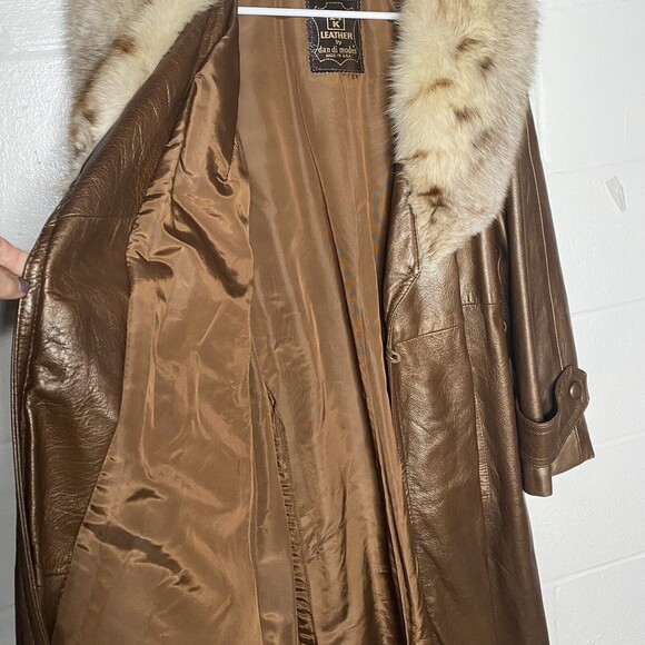 Dan Di Modes Womens Vtg Leather Jacket Fur Collar Long With Belt Sz 16 Trench - Picture 7 of 12